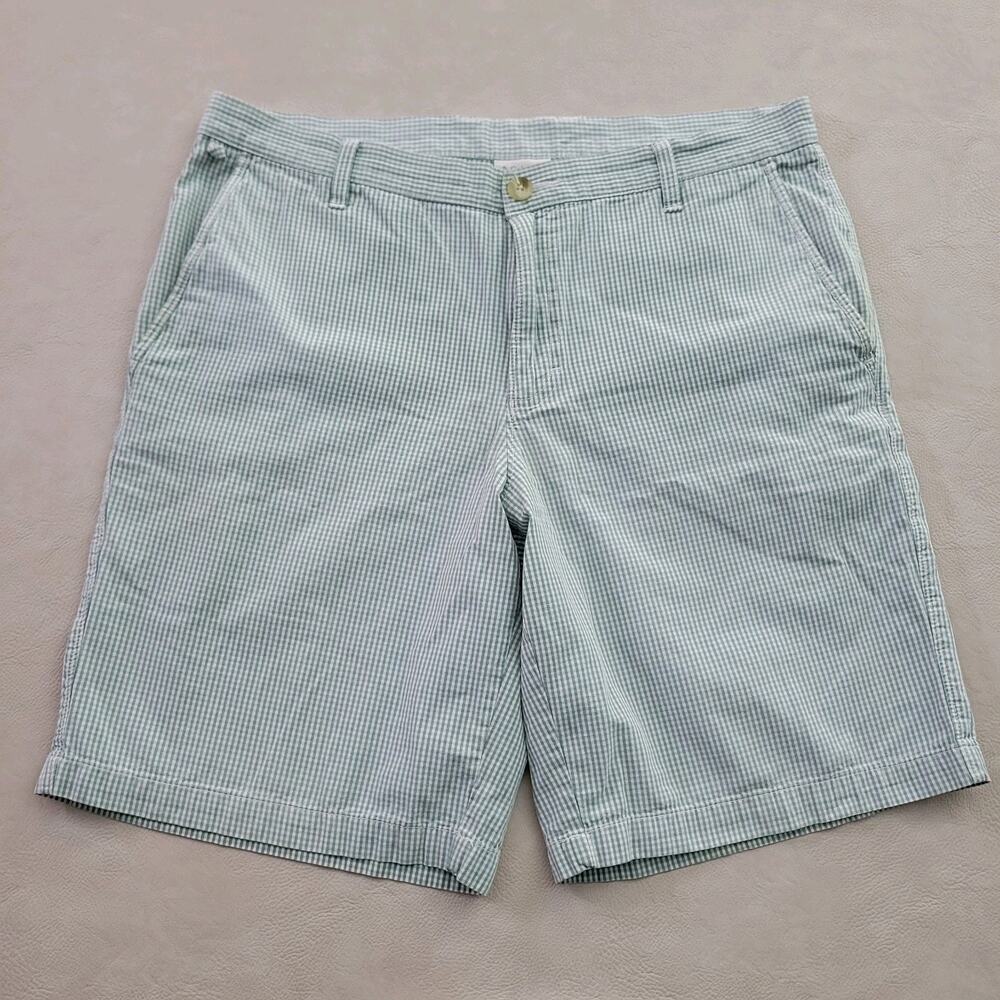 Columbia Check Shorts Mens 34W 10L Flat Front Chino Pockets Golf Green White